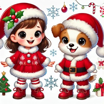 Little girl and dog in Santa suits