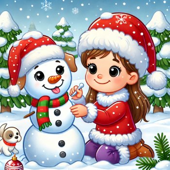 Little girl in Santa suit making a snow man